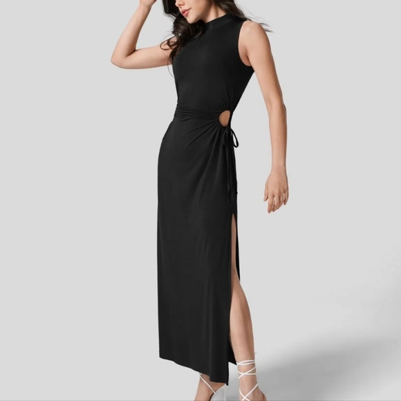 Mock Neck Sleeveless Cut Out Drawstring Split Maxi Casual Dress - Picture 3 of 4